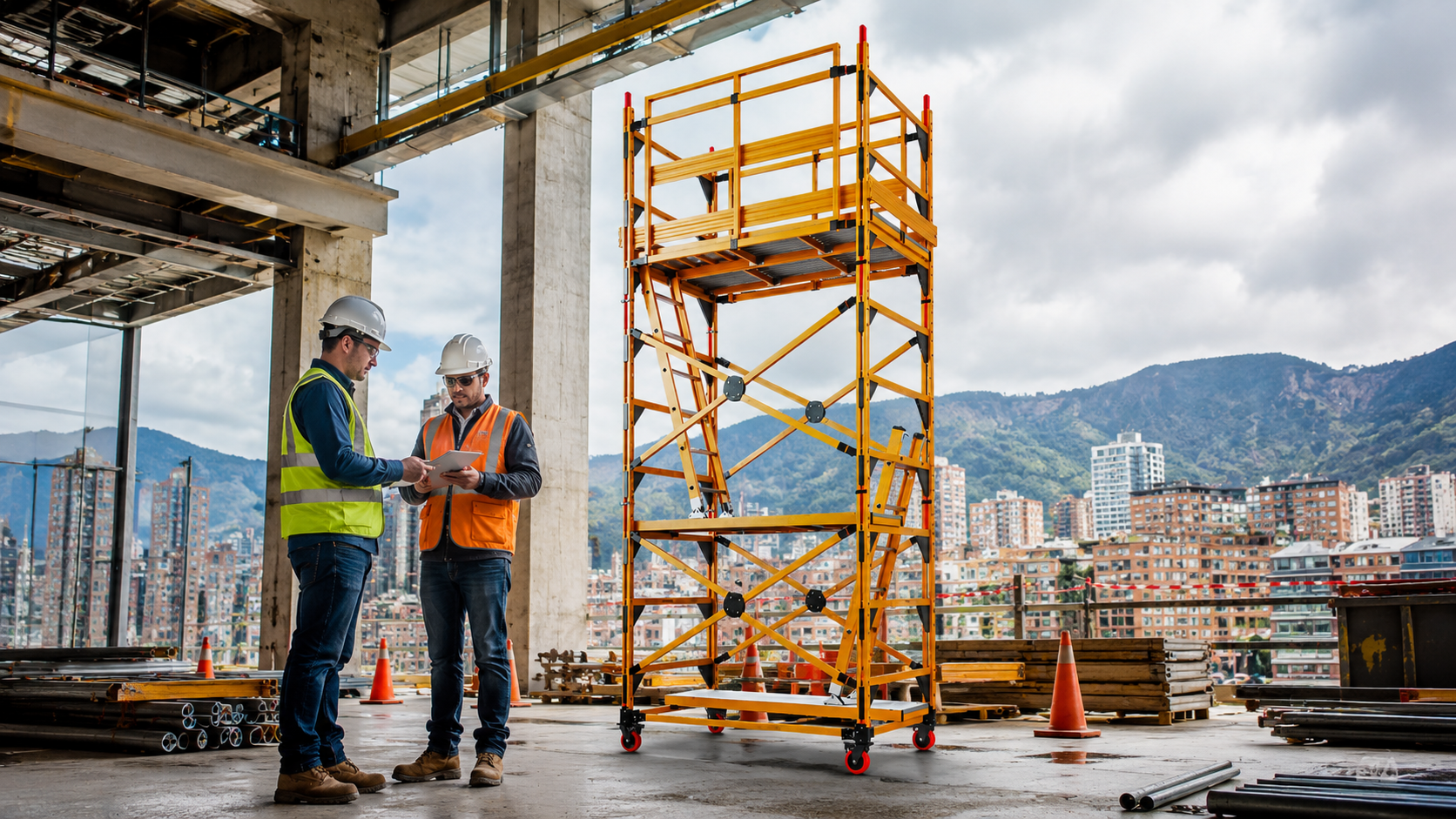 Andamio certificado en Bogotá en obra de construcción con personal revisando cotización y condiciones del proyecto