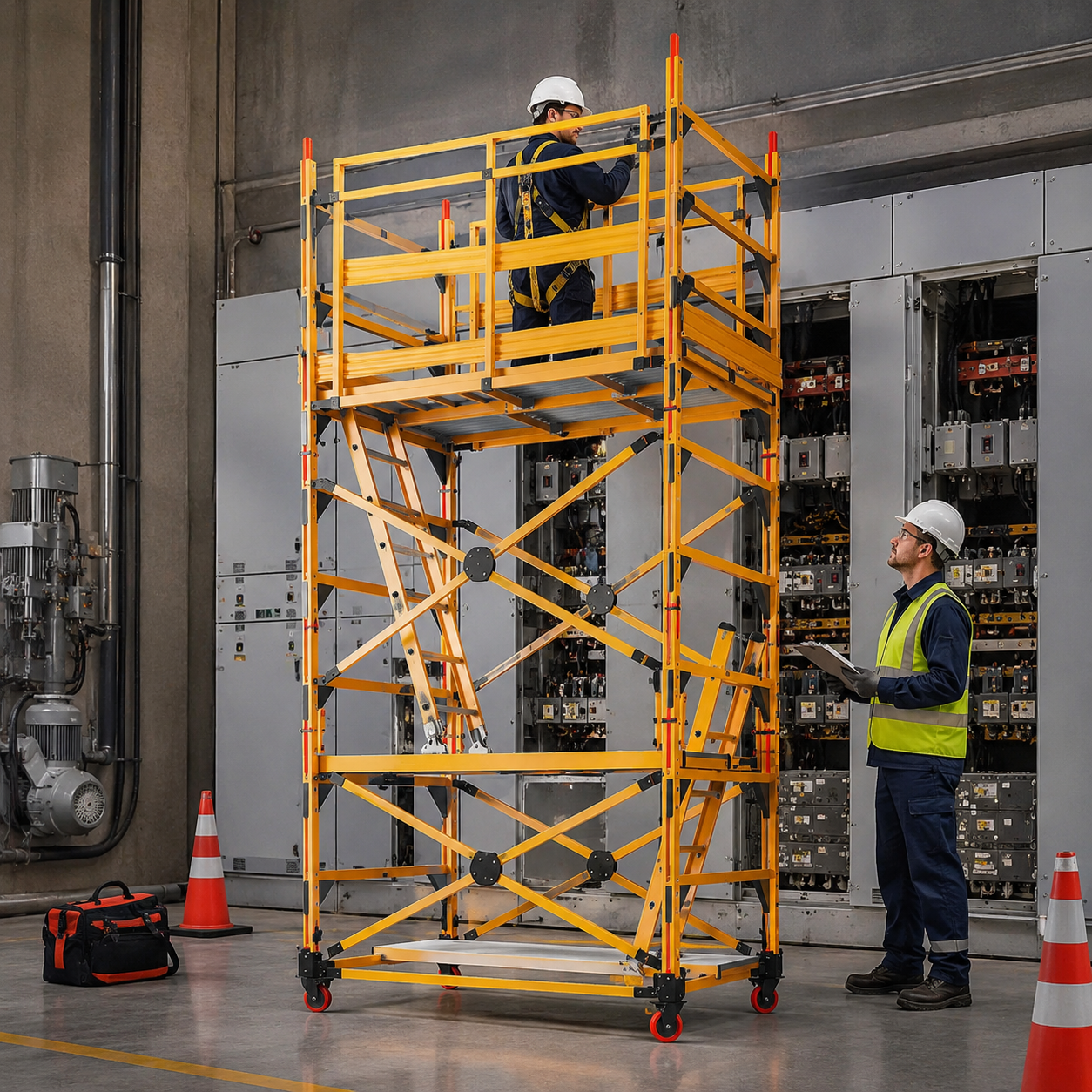 Andamio certificado para mantenimiento industrial con trabajadores usando elementos de segridad