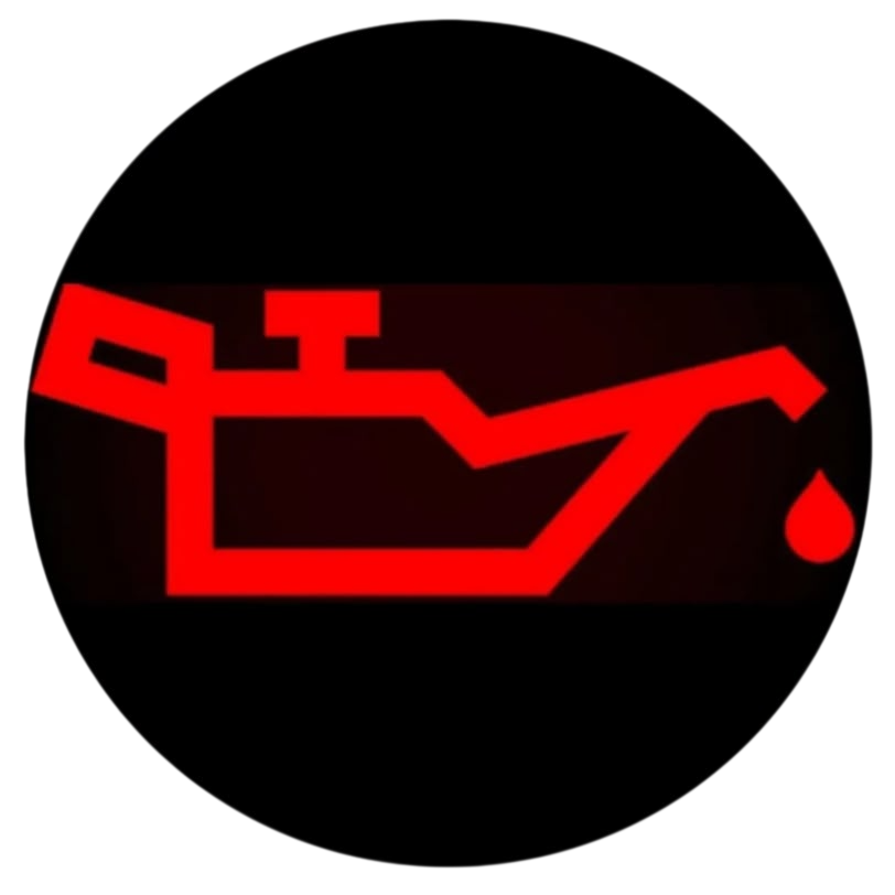 Icono de luz roja de advertencia de aceite sobre un fondo circular negro con un símbolo de gota goteando.