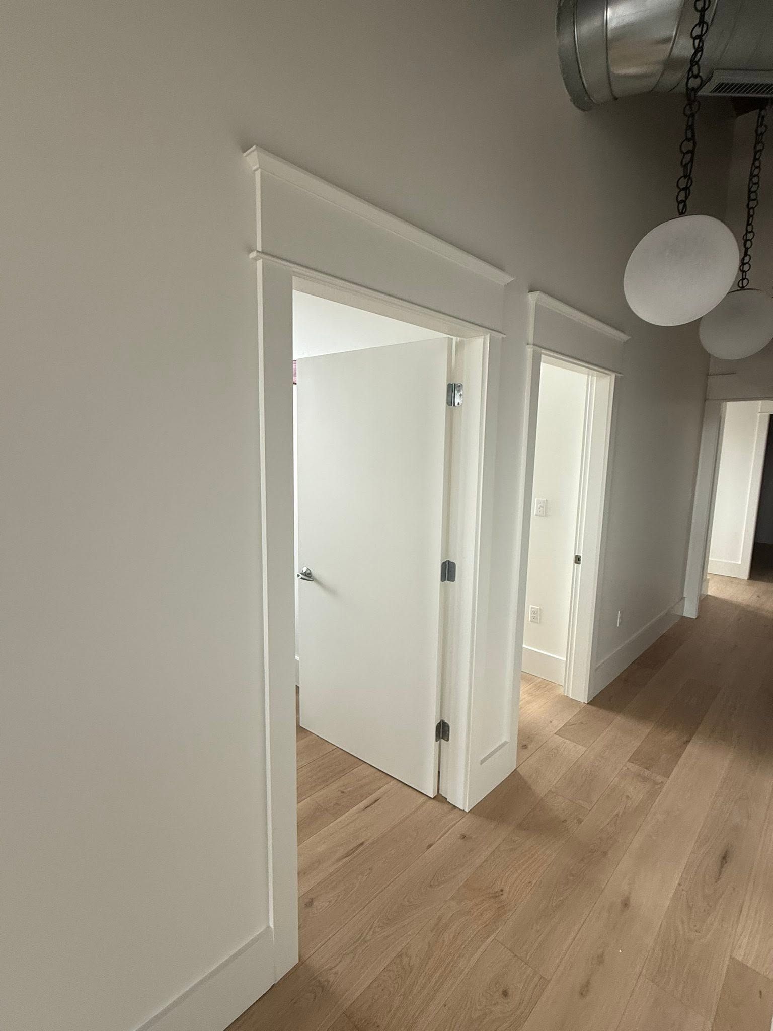 Bright hallway with white doors, gray walls, and wood flooring, lit by sunlight.