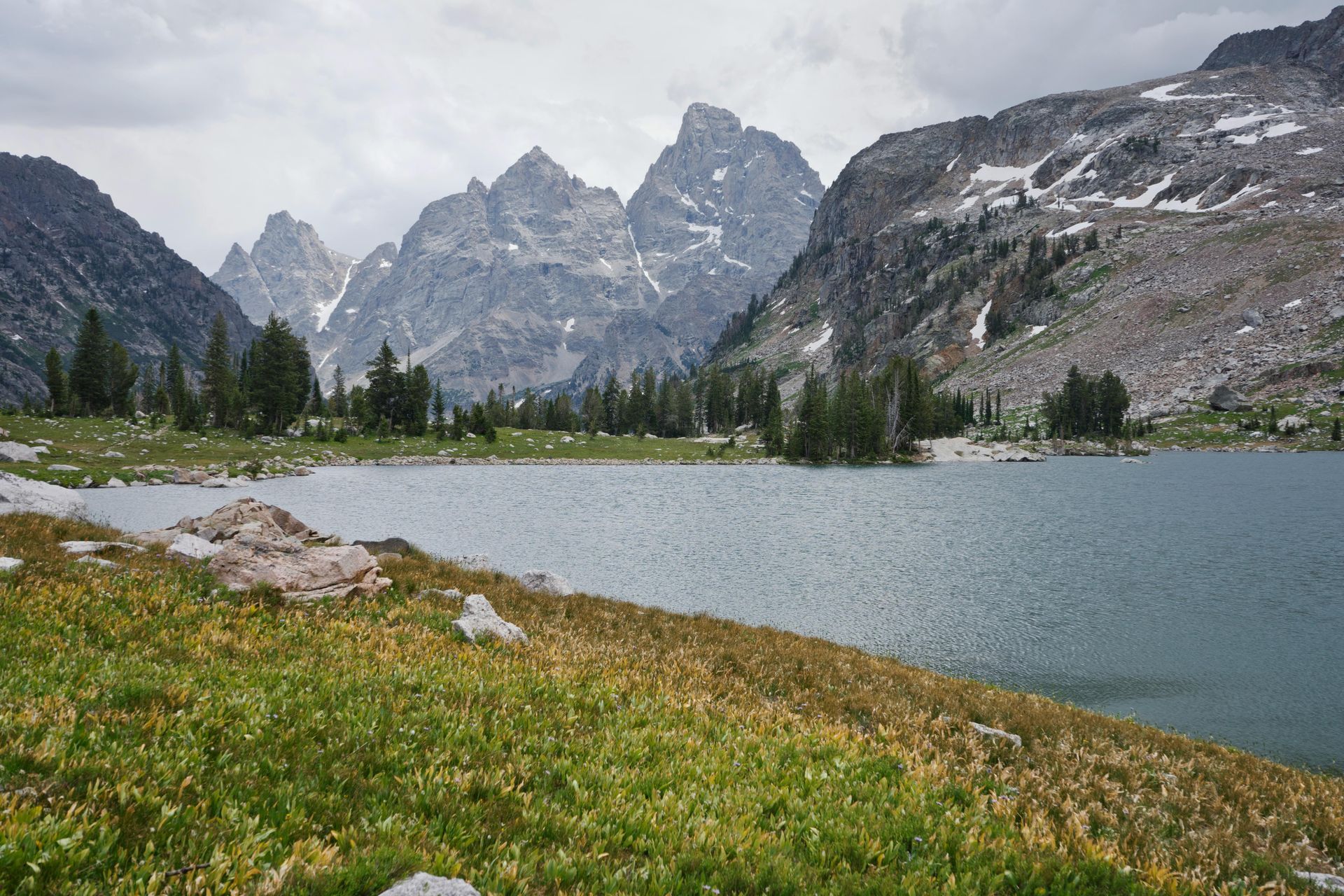 Mountain lake with rocky peaks, pine trees, and grassy shoreline under cloudy sky
