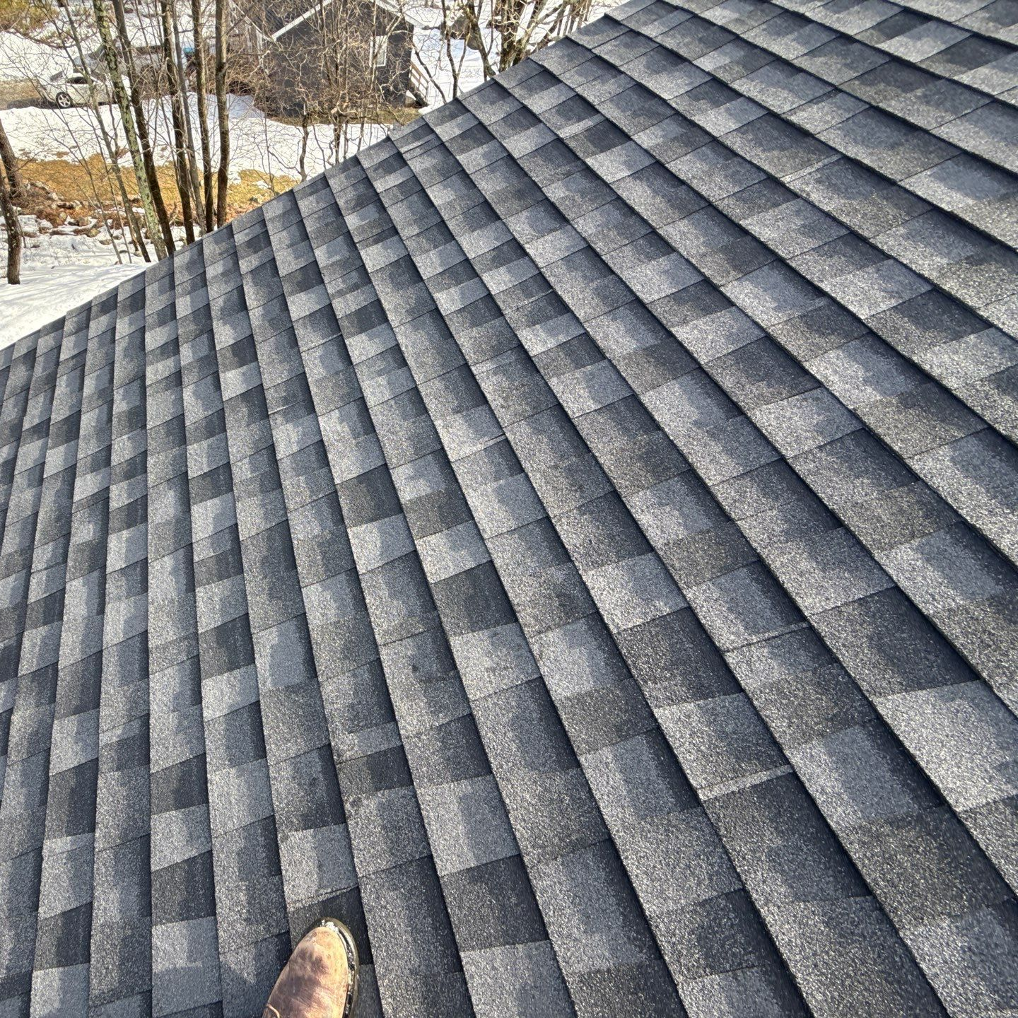 Gray shingled roof with snow and bare trees in the background; a boot tip visible at the bottom edge Gray shingled roof with snow and bare trees in the background; a boot tip visible at the bottom edge