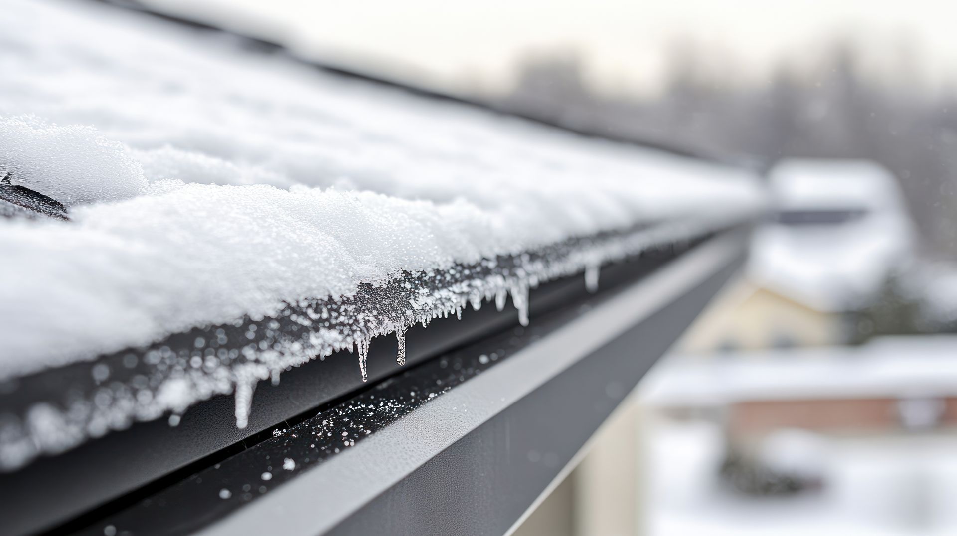 Snow-covered roof and gutters with icicles hanging in winter. Snow-covered roof and gutters with icicles hanging in winter.