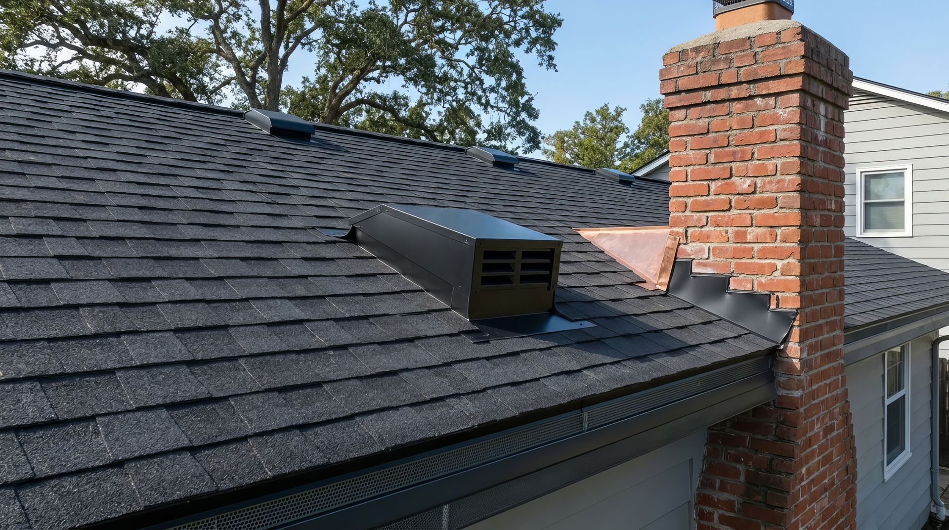 Slate roof with a brick chimney and small vent under a clear sky