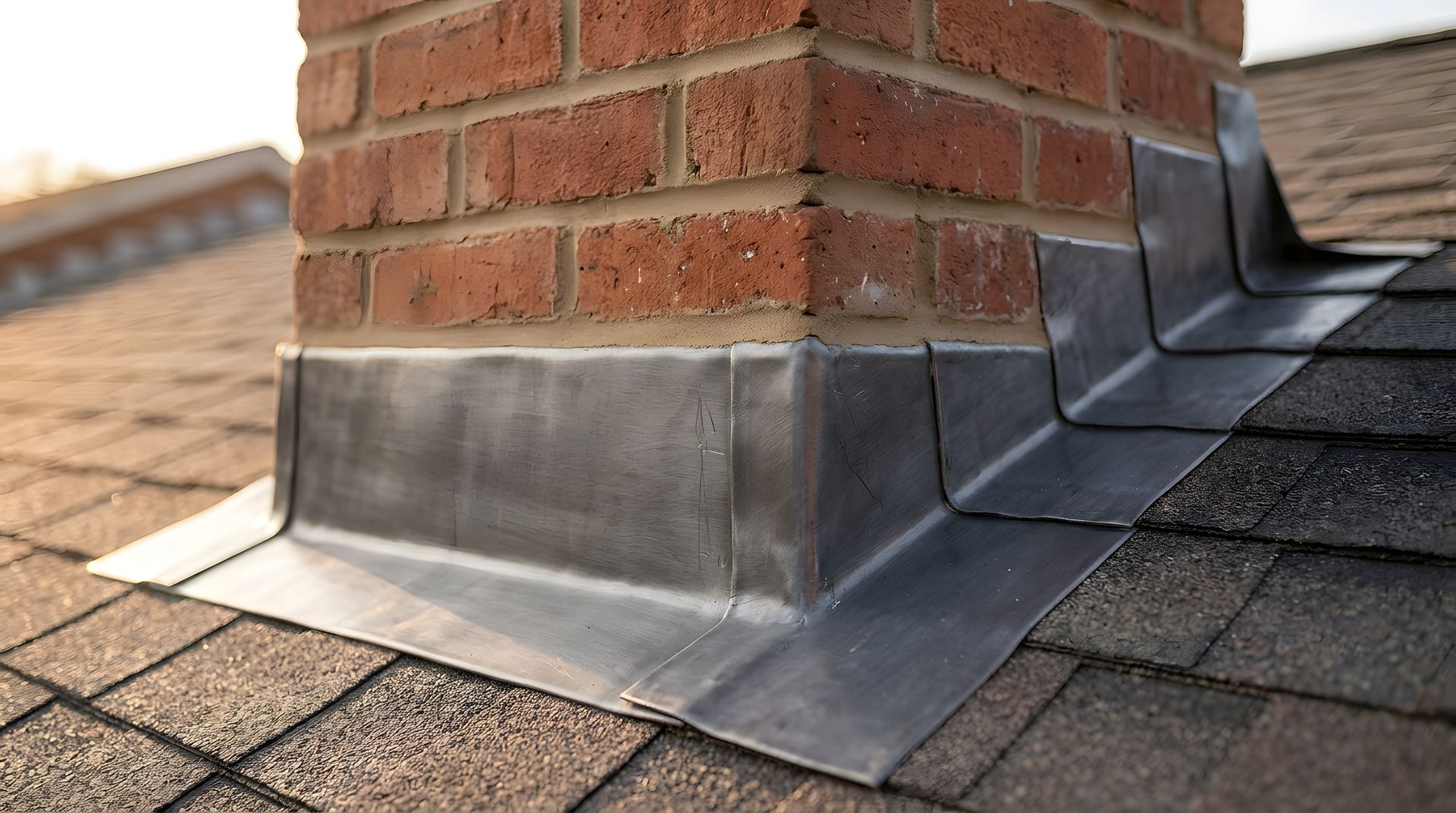 Metal chimney flashing on a brick chimney with asphalt roof shingles