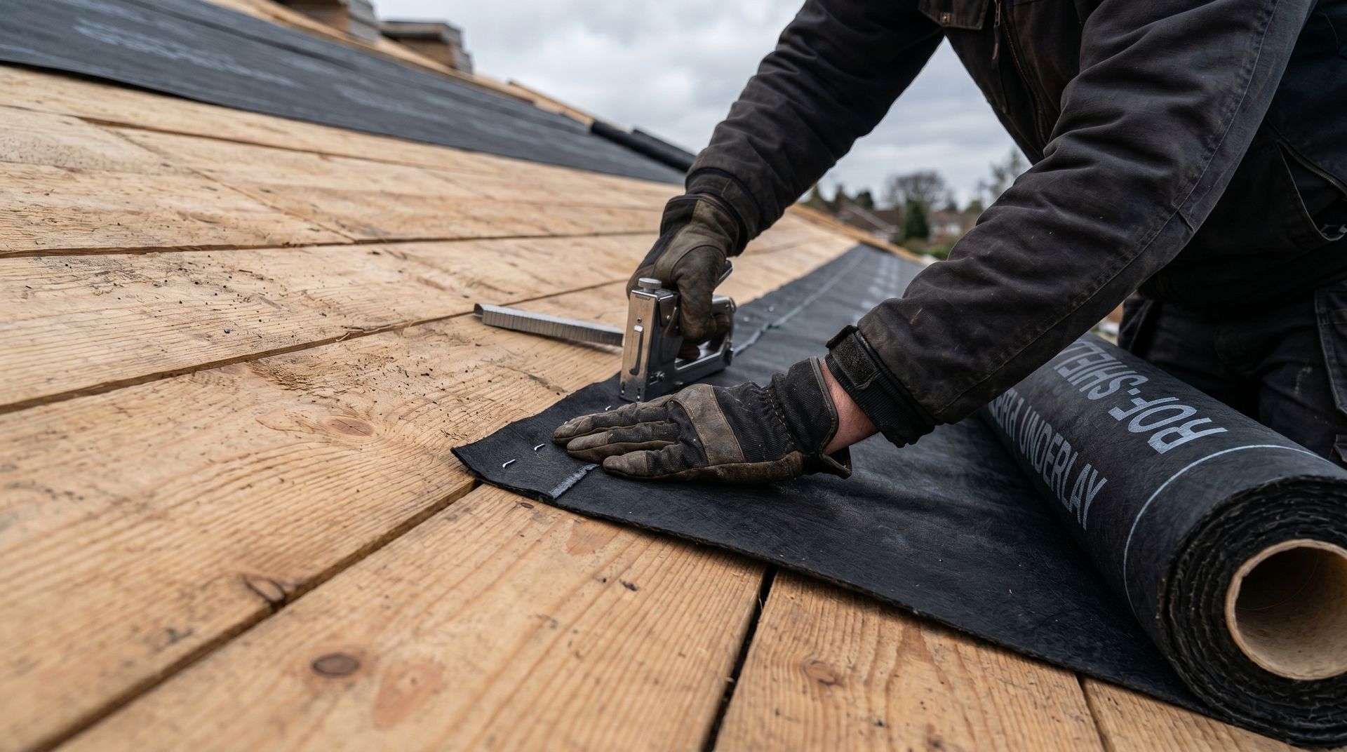 Worker installing black roofing felt on a plywood roof deck