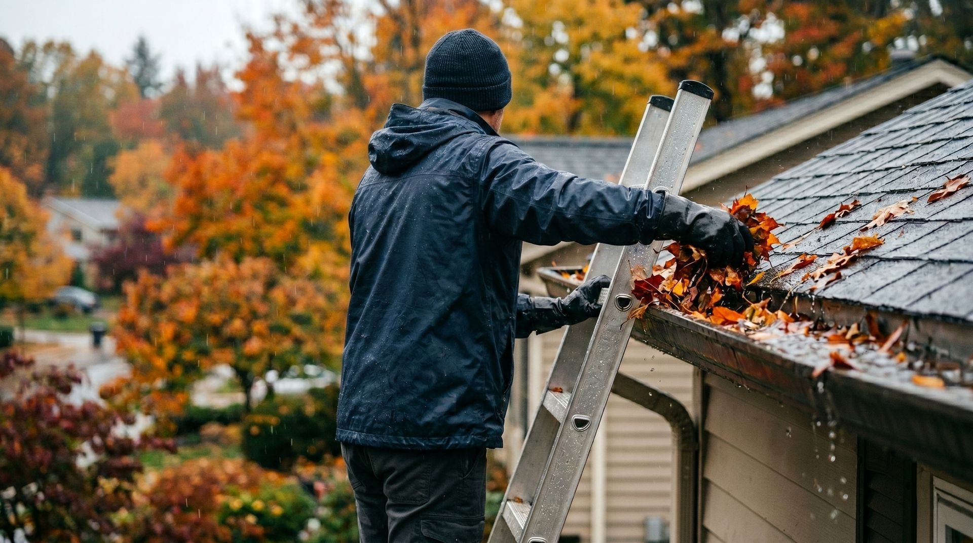 Person clearing leaves from a rain gutter on a house roof in autumn