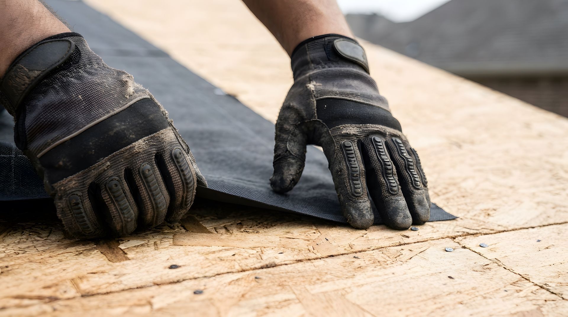 Gloved hands installing black roofing underlayment on a wooden roof deck