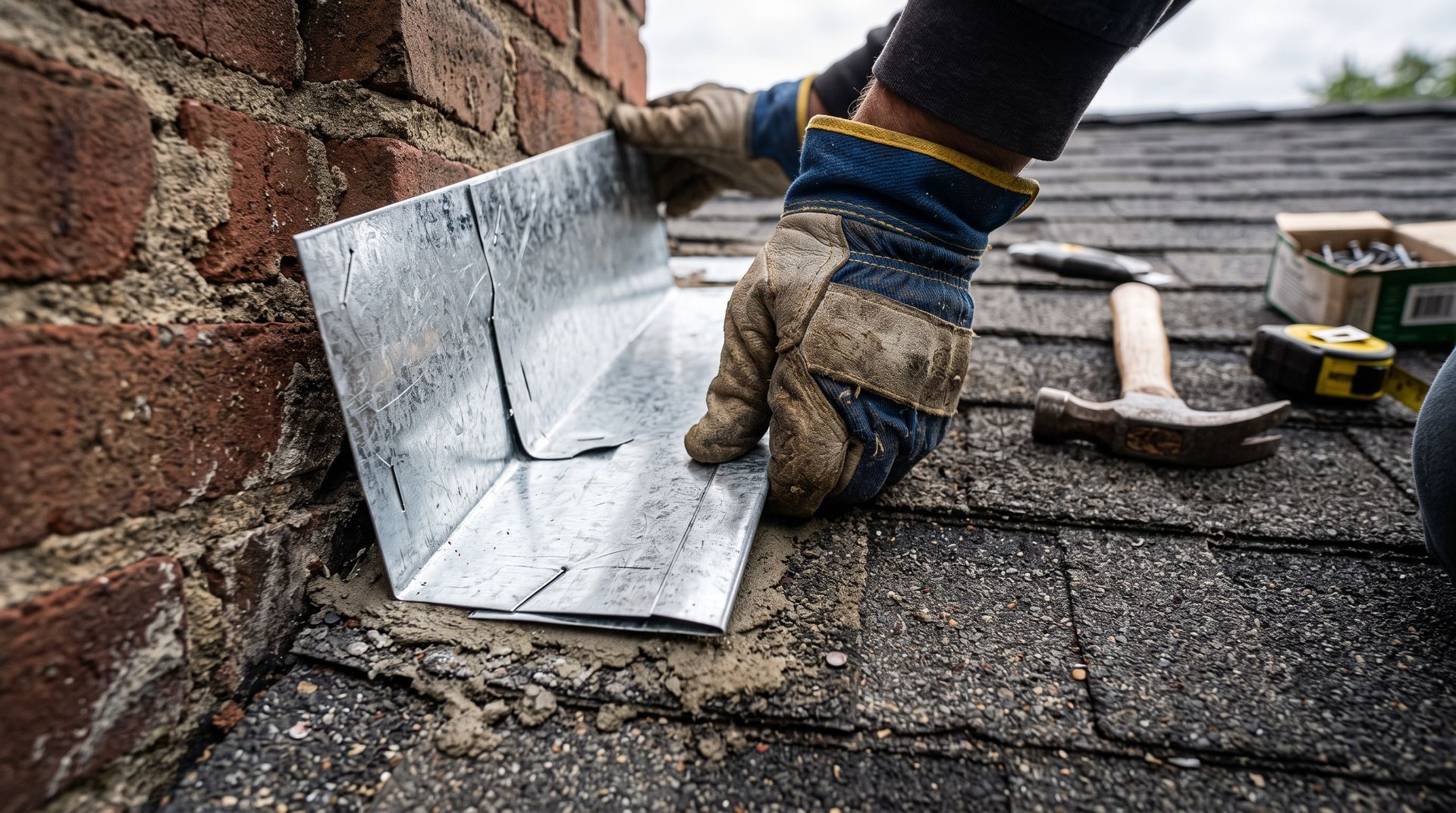 Worker installing a metal flashing panel on a brick rooftop beside roofing tools
