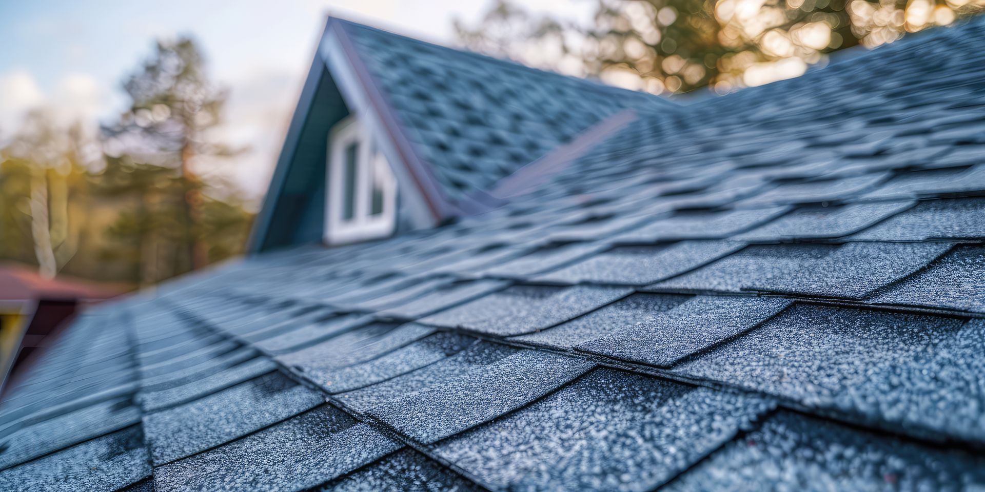 Close-up of a gray shingle roof on a house with a green gable and trees in the background