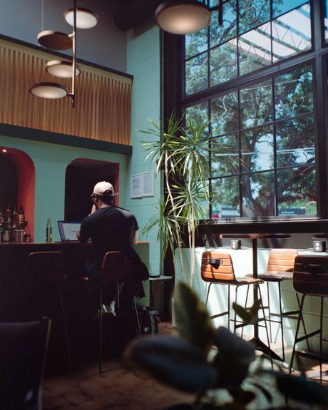 Stylish cafe interior with a person seated at the counter beside a large window and potted plants