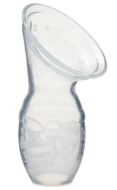 Clear silicone breast pump shell with a funnel-shaped top and curved bottle-like base.