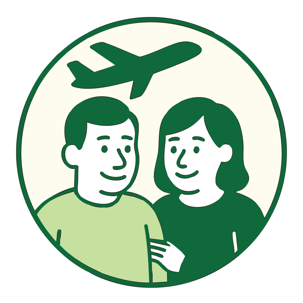 Couple with a plane over their heads, suggesting travel insurance.