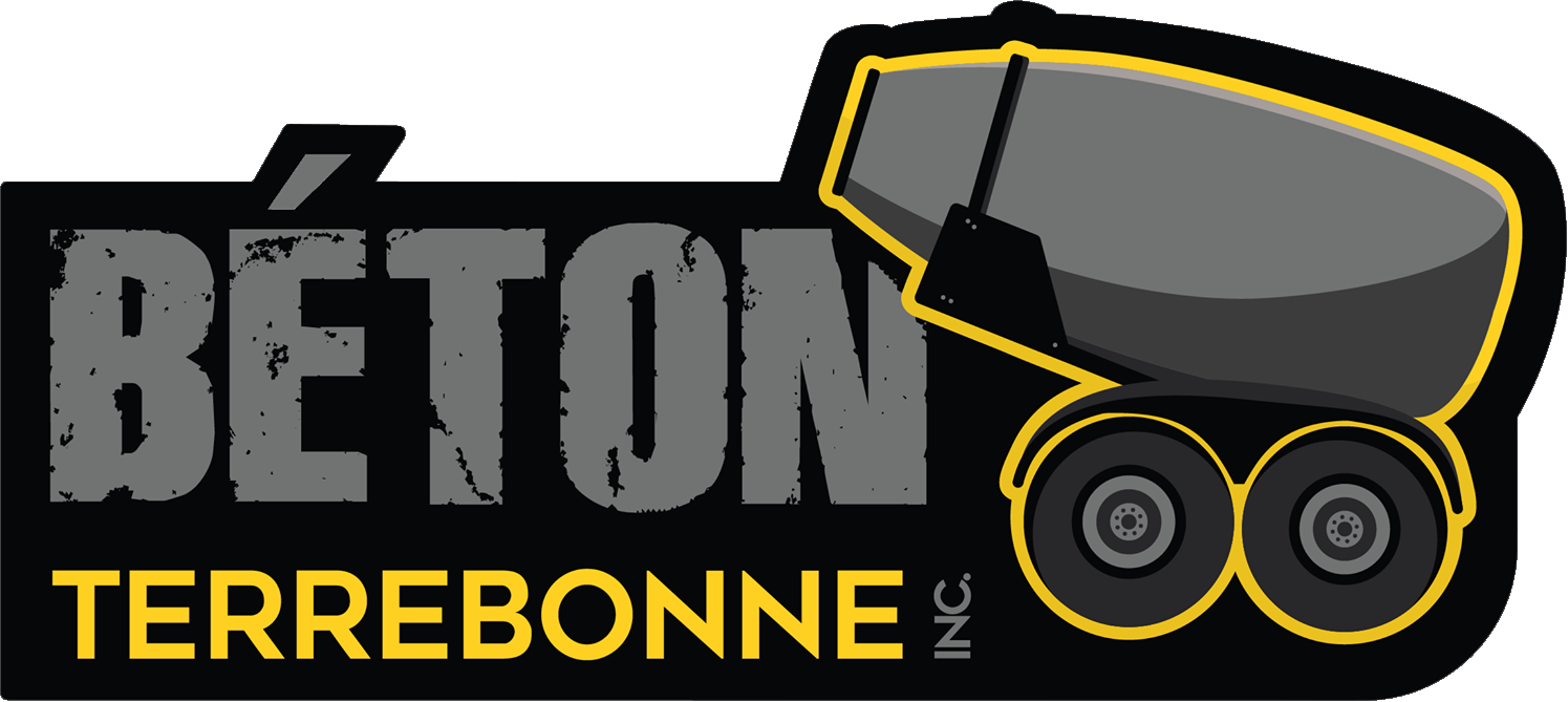 Logo pour Béton Terrebonne Inc., mettant en vedette un graphique de camion à ciment et du texte sur un fond noir.