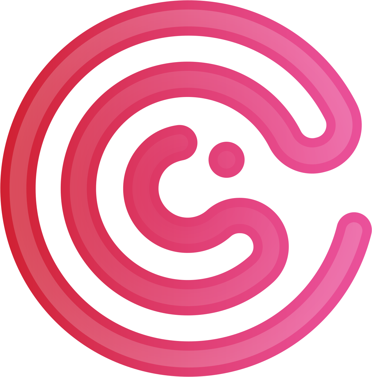 Pink and red circular logo with the letter 