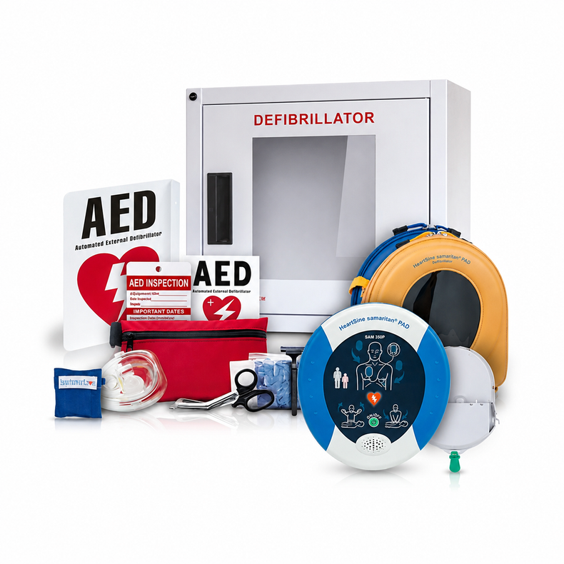 AED and defibrillator training kit with red, blue, and yellow practice pads and accessories