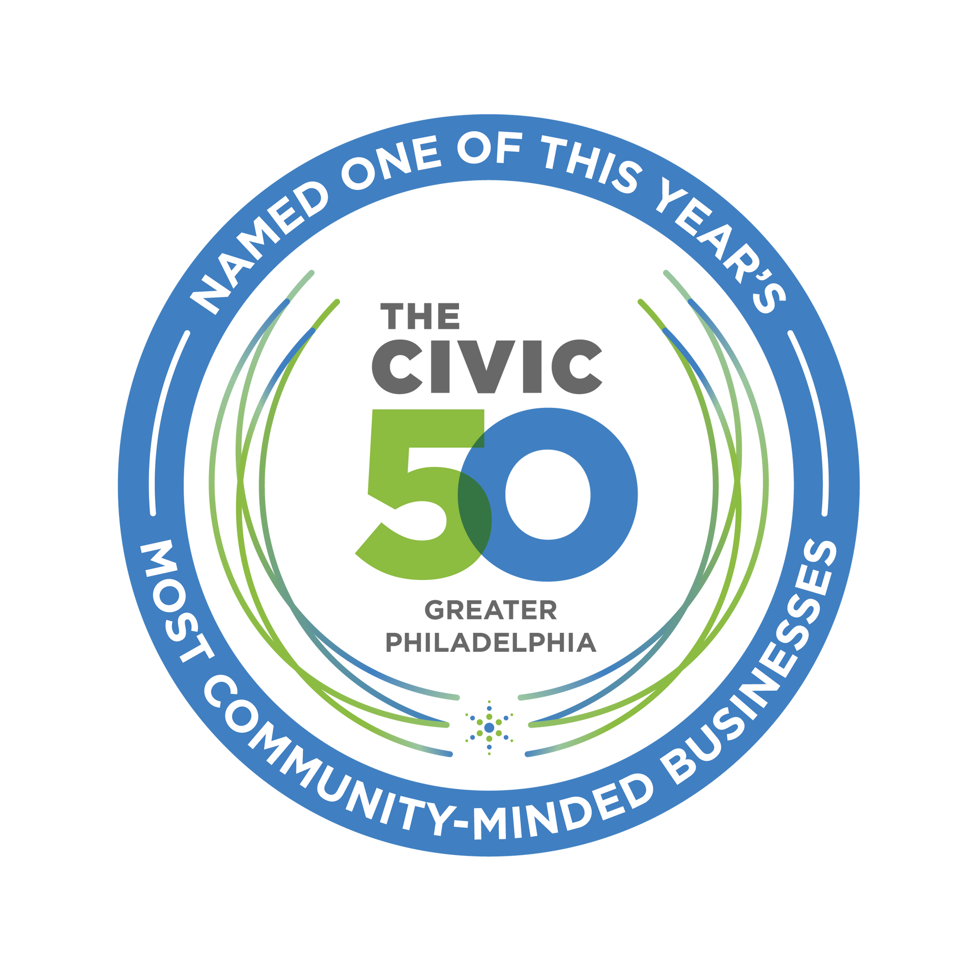 The Civic 50 Greater Philadelphia award badge with blue and green circular text on a white background