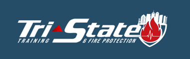 Tri-State Training & Fire Protection logo with red shield and flame on blue background