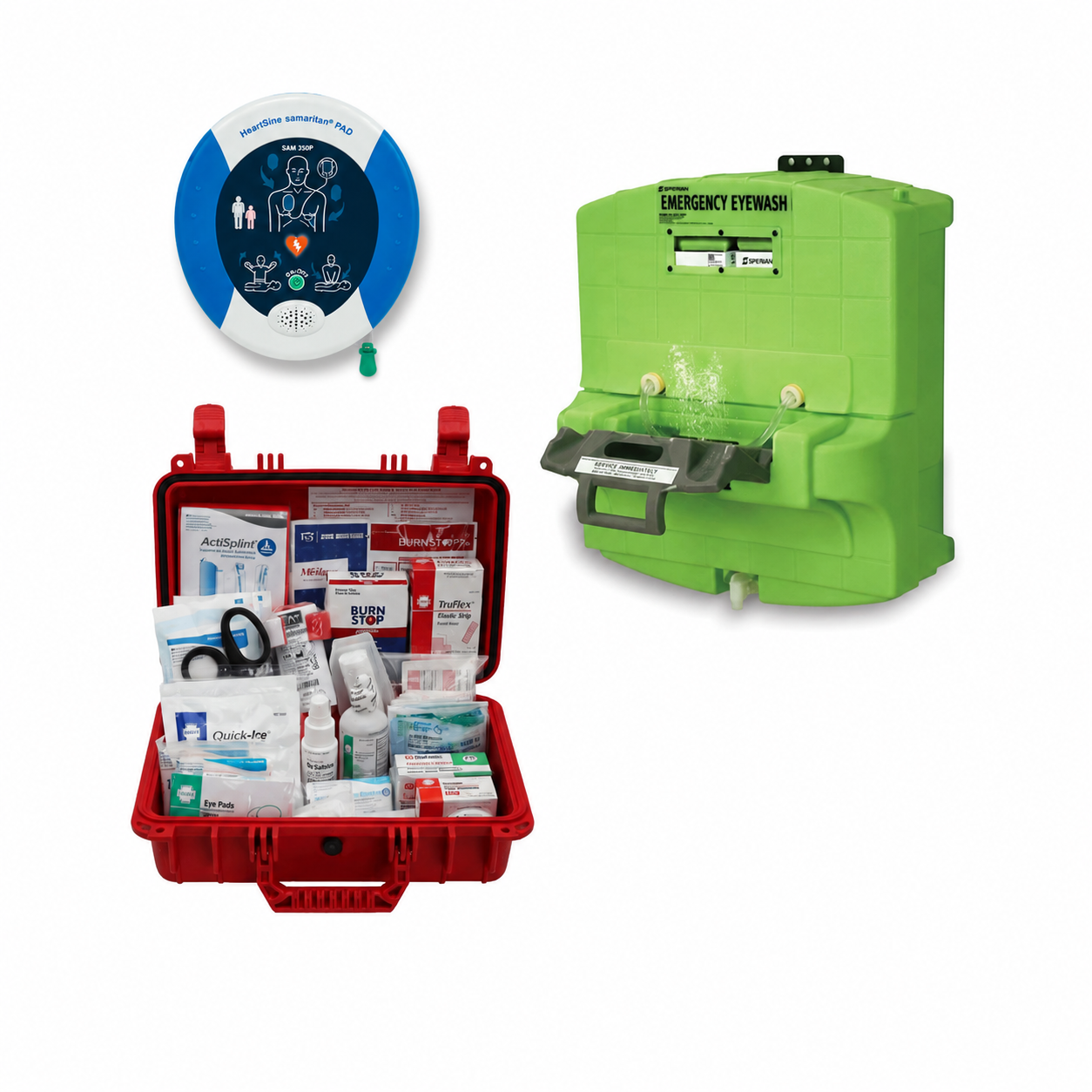 First aid kit and emergency cabinet with defibrillator and medical supplies on a white background