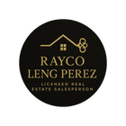 Black circular logo with gold house and key, reading “RAYCO LENG PEREZ” and “Licensed Real Estate Salesperson”