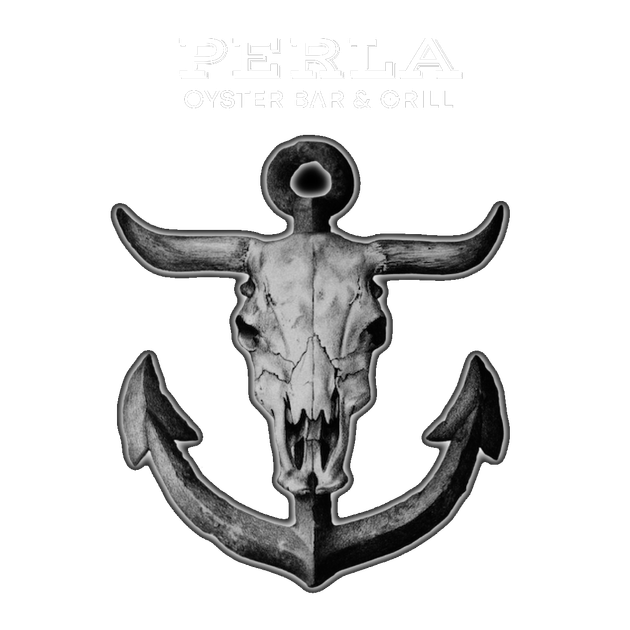 A black and white drawing of an anchor with a bull skull on it.