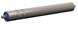A close up of a metal roller on a white background.
