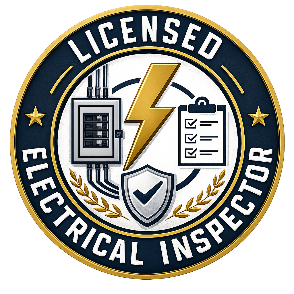 Licensed electrical inspector badge logo with circuit panel, lightning bolt, checklist, and shield