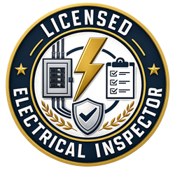 Licensed electrical inspector badge logo with circuit panel, lightning bolt, checklist, and shield