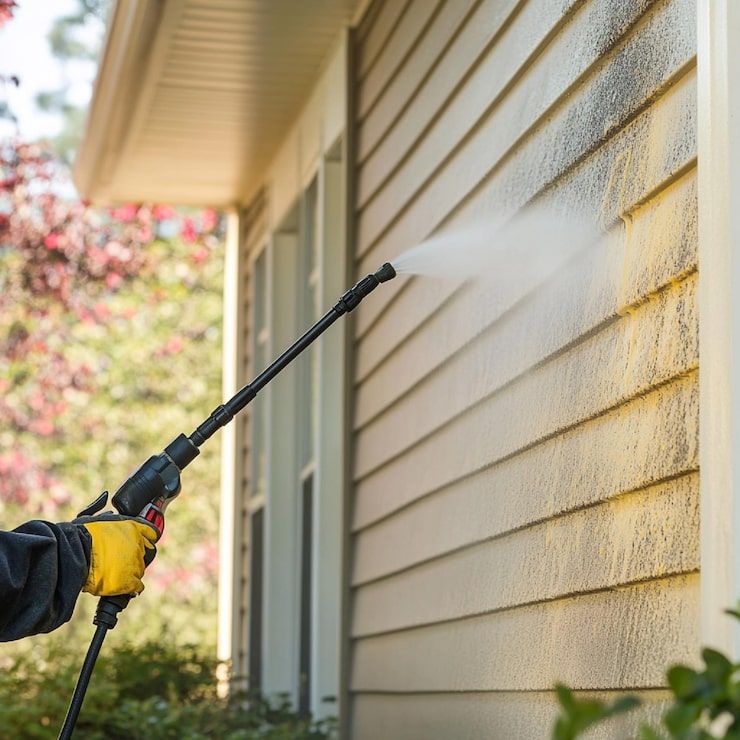 Person pressure washing a house’s beige siding with a spray wand
