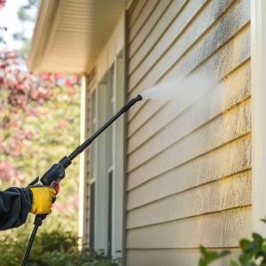 Person pressure washing beige house siding with a spray wand