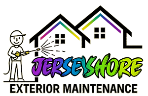 Jersey Shore Exterior Maintenance logo with house outline, painter, and purple text on white background