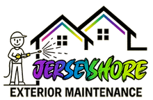 Jersey Shore Exterior Maintenance logo with stylized house outlines, worker, and purple-green text