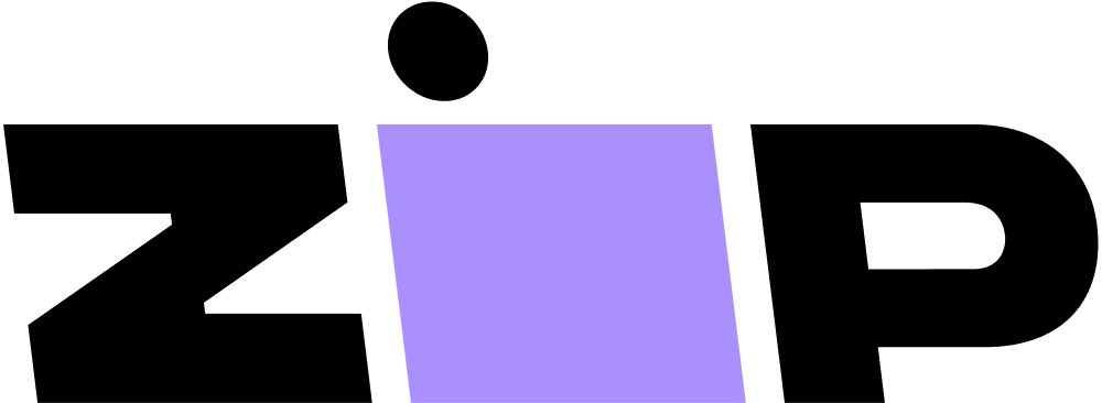 Logo for Zip; black letters with a light purple 