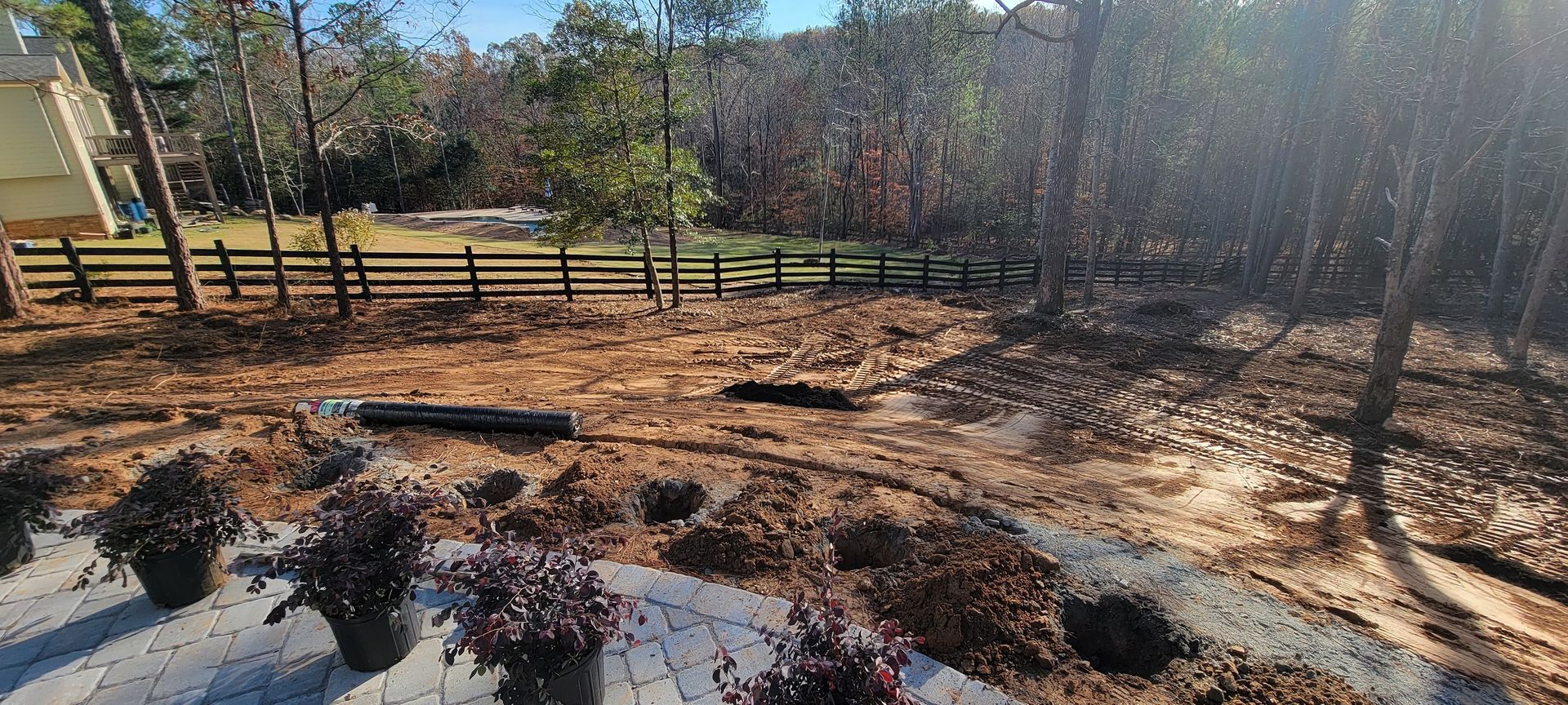 Muddy yard with puddles, leaf litter, and a wooden fence under bare trees in sunlight