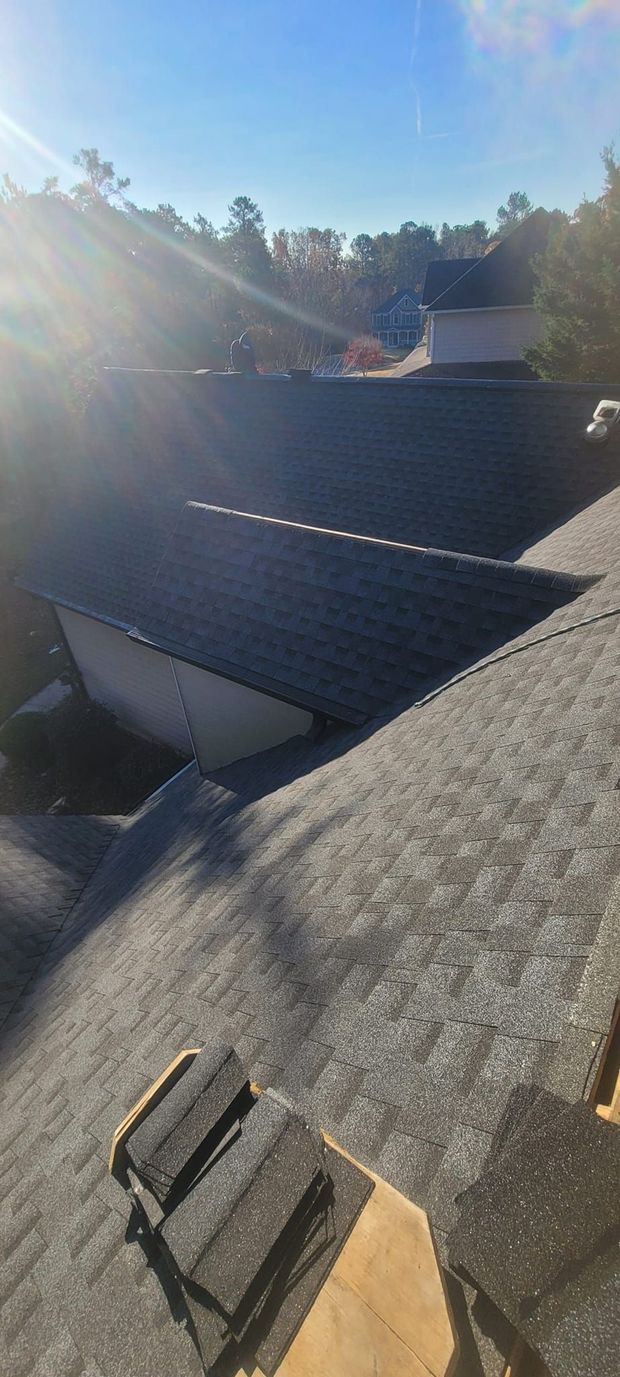 Sunlit rooftop with dark gray shingles and a view of nearby trees and blue sky