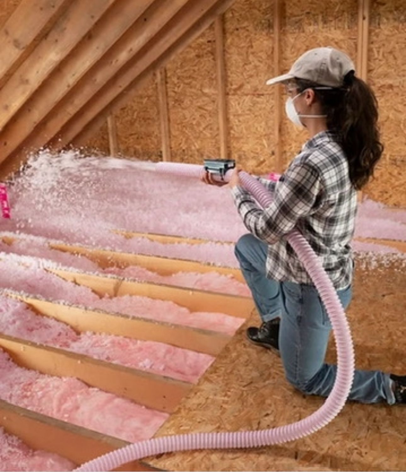 Person spraying pink foam insulation into attic rafters with a hose and spray gun.