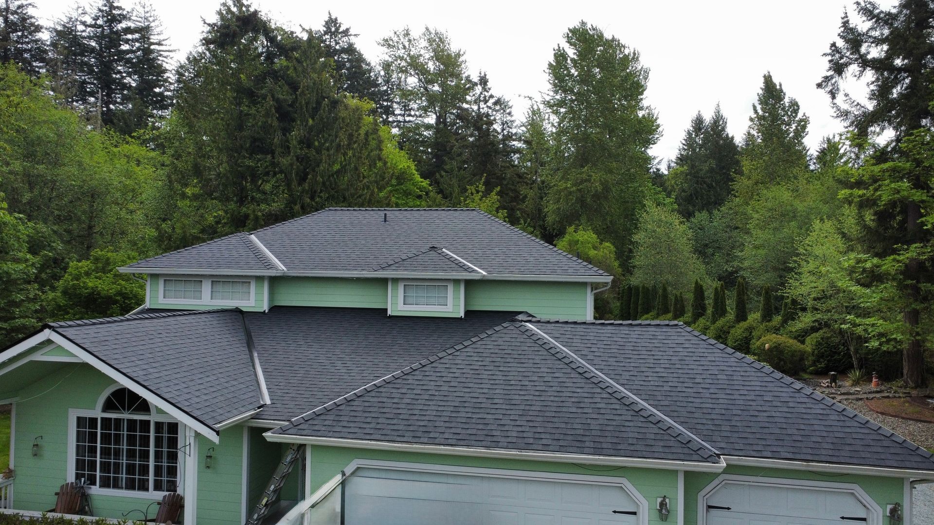 Green house with dark roof in a wooded area under overcast skies