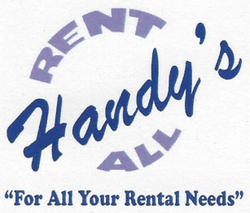 Logo for Handy's Rent All, text reads 