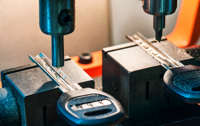 A close up of a key being cut on a machine.
