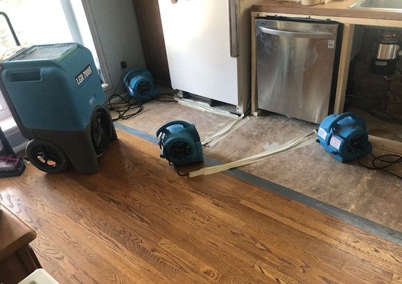 A kitchen with hardwood floors , a refrigerator and a dishwasher.