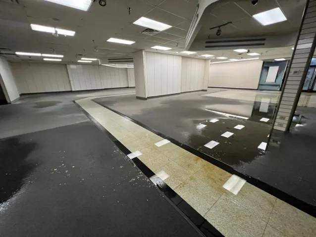 A large empty room with a puddle of water on the floor