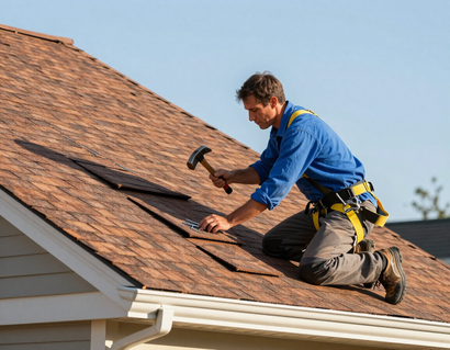 Roofer installing new shingles on a residential roof.