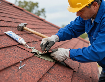 Roofer repairing a shingle leak on a residential roof.