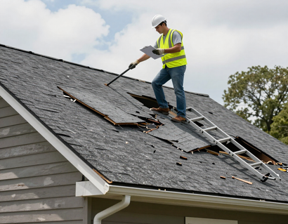 Contractor inspecting a storm-damaged roof with missing shingles.