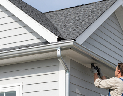 Seamless gutter installation on a house exterior.