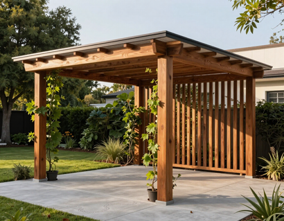 Custom outdoor patio cover and pergola in a backyard.