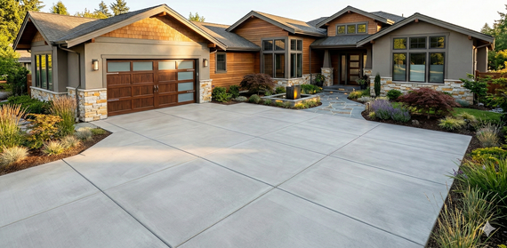 A modern, single-story house with a concrete driveway and lush landscaping.