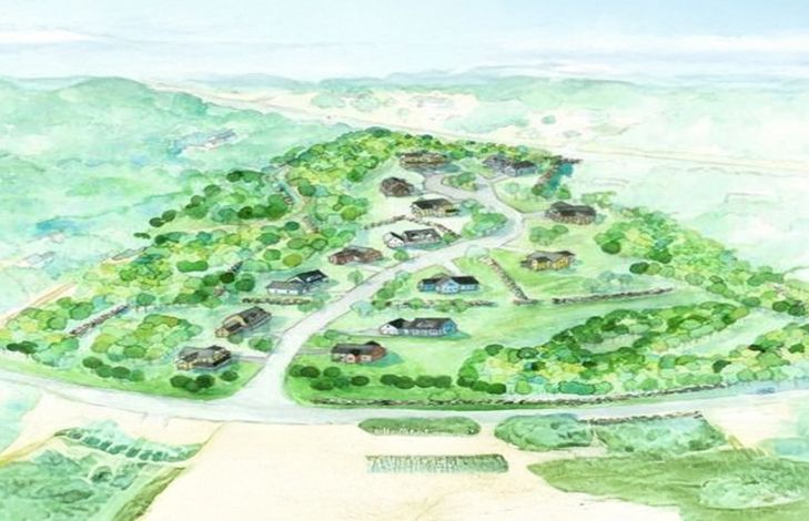 An aerial view of a residential area surrounded by trees and a road.