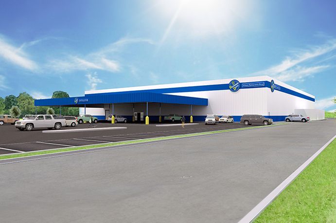 An artist 's impression of a large white and blue building with cars parked in front of it.