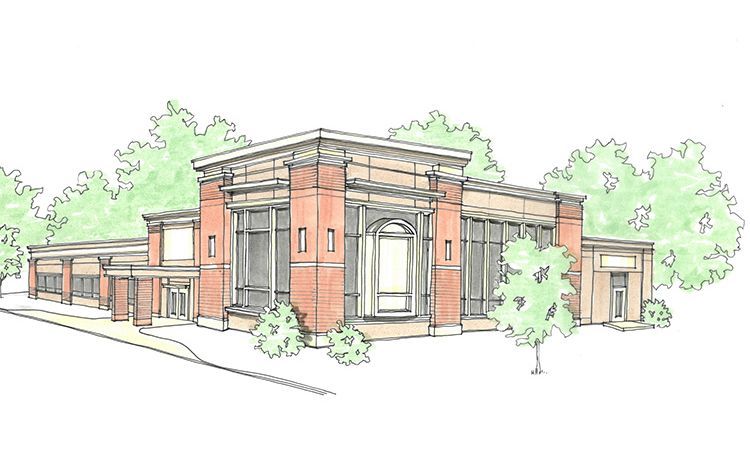 A drawing of a brick building with trees in the background